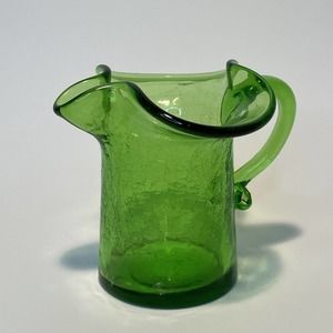 Vintage Glass Hand Blown Olive Green Crackle Small Glass Creamer Pitcher